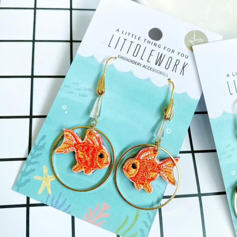 刺繡耳環 | 耳夾 / 耳勾 - 金魚 | Littdlework