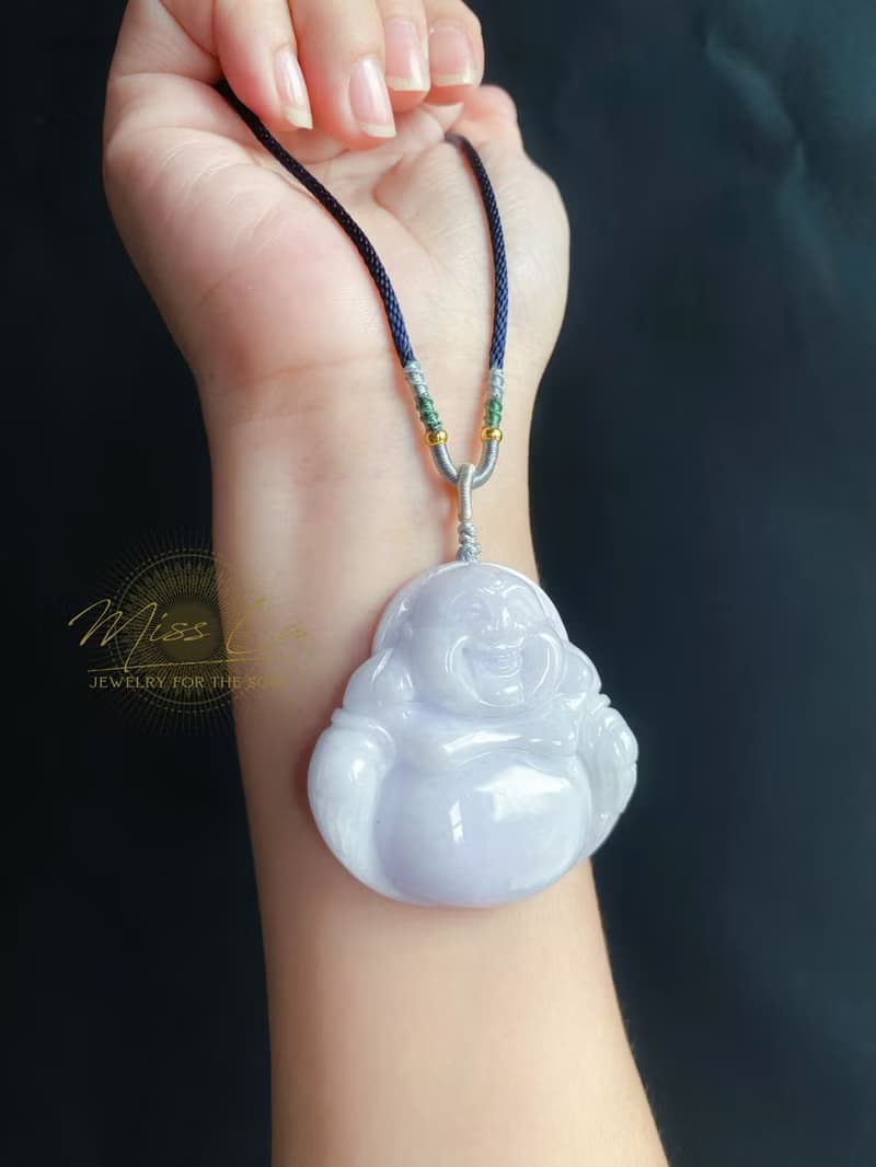 稀有 藍紫底 大彌勒佛 天然緬甸玉翡翠 佛公 項鍊 禮物 佛像