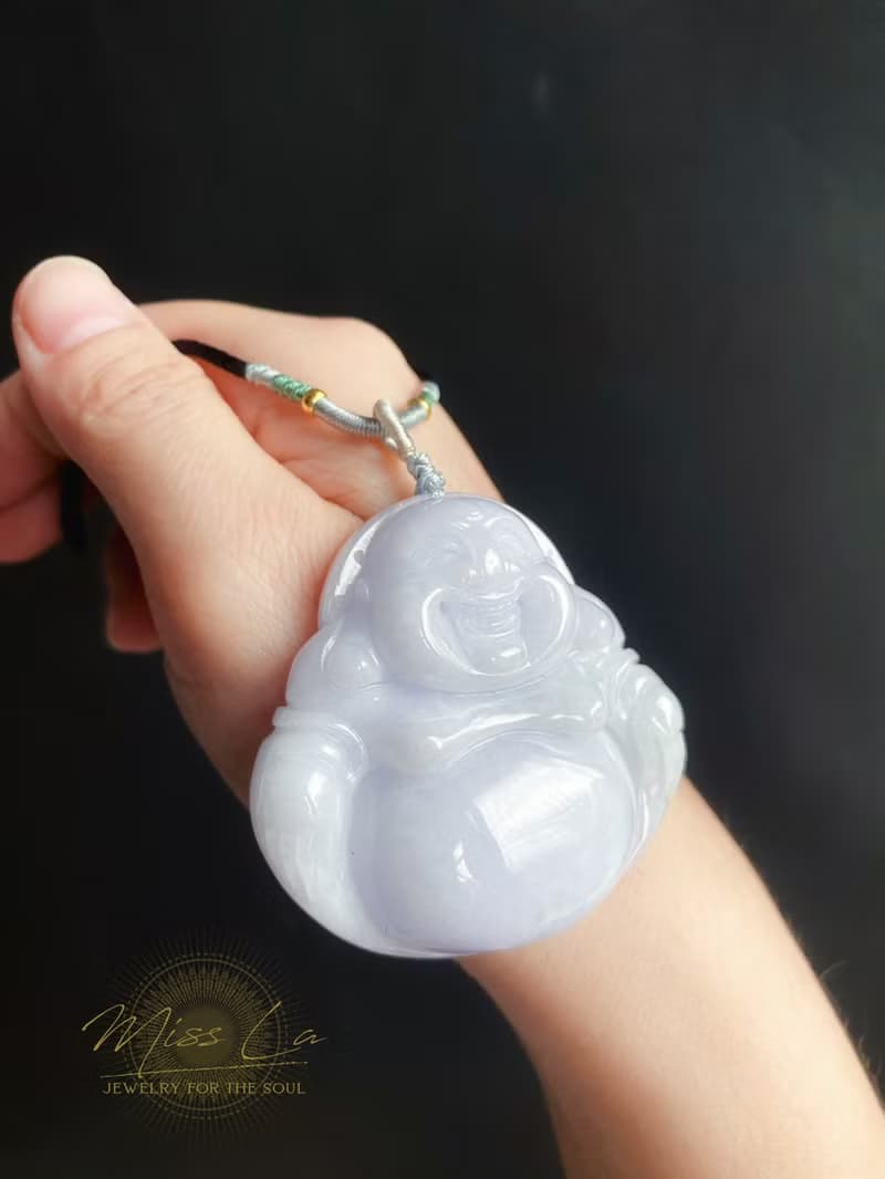 稀有 藍紫底 大彌勒佛 天然緬甸玉翡翠 佛公 項鍊 禮物 佛像