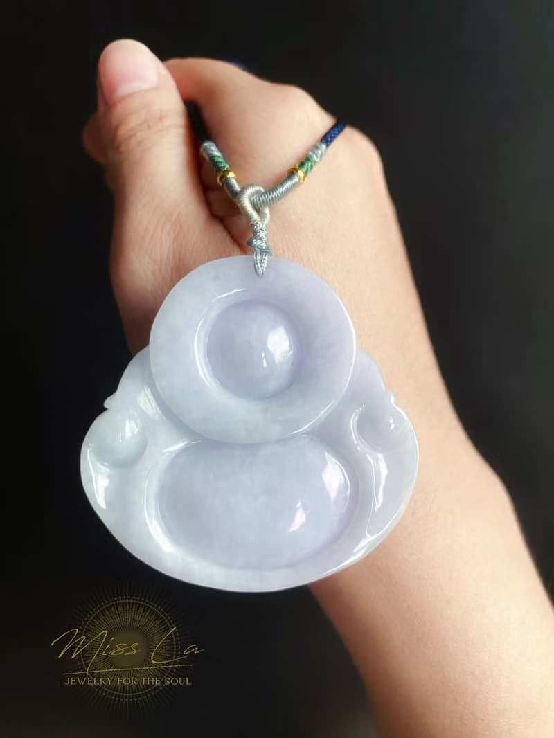稀有 藍紫底 大彌勒佛 天然緬甸玉翡翠 佛公 項鍊 禮物 佛像