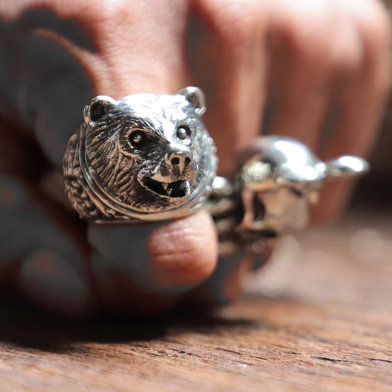 熊戒指男士銀動物