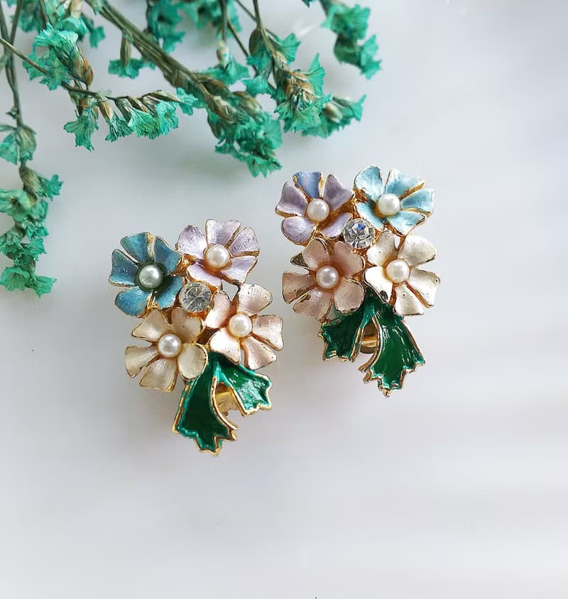 Vintage Jewelry 西洋古董飾品 優雅粉嫩花朵 夾式耳環