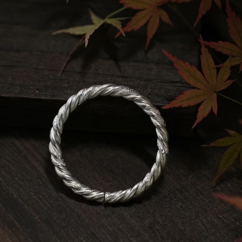 手工三環絞絲鏨花純銀手環