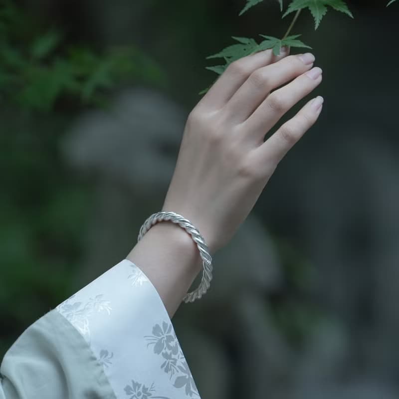 手工三環絞絲鏨花純銀手環