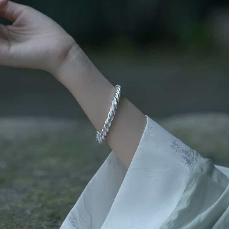手工三環絞絲鏨花純銀手環