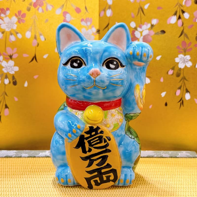 【菊靛納福】日本清水燒招財貓 | 水色黃菊