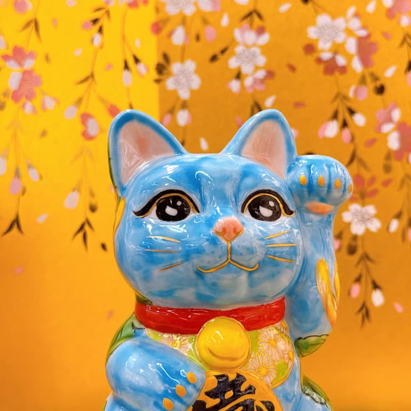 【菊靛納福】日本清水燒招財貓 | 水色黃菊