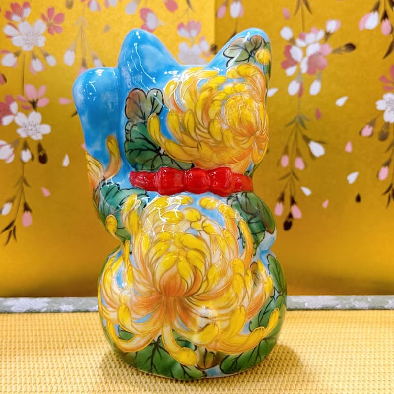 【菊靛納福】日本清水燒招財貓 | 水色黃菊