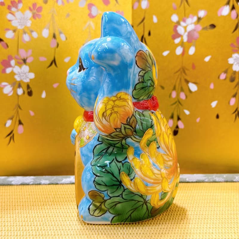 【菊靛納福】日本清水燒招財貓 | 水色黃菊