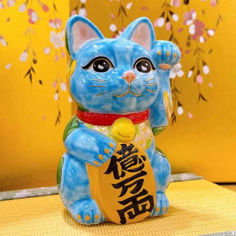 【菊靛納福】日本清水燒招財貓 | 水色黃菊