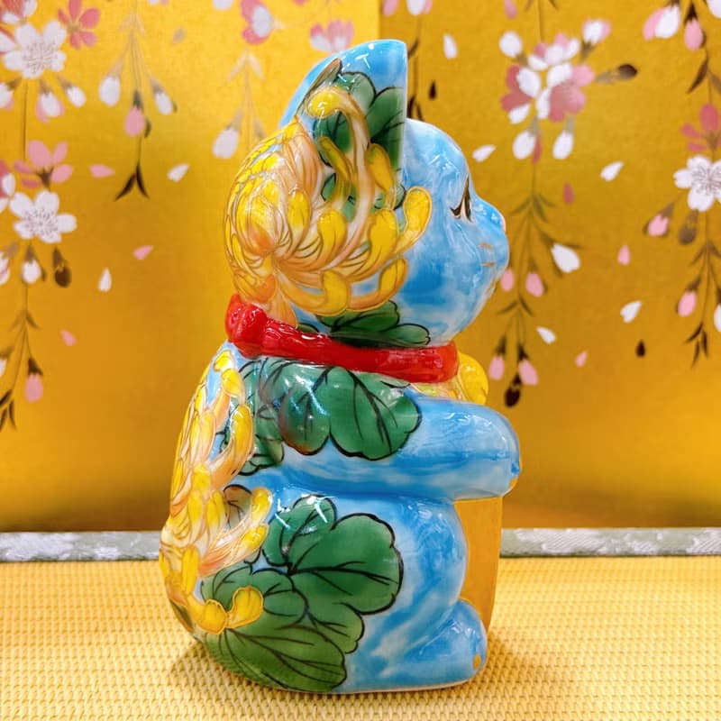 【菊靛納福】日本清水燒招財貓 | 水色黃菊