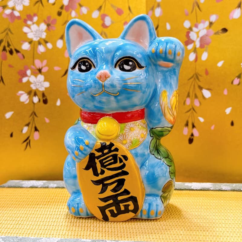 【菊靛納福】日本清水燒招財貓 | 水色黃菊