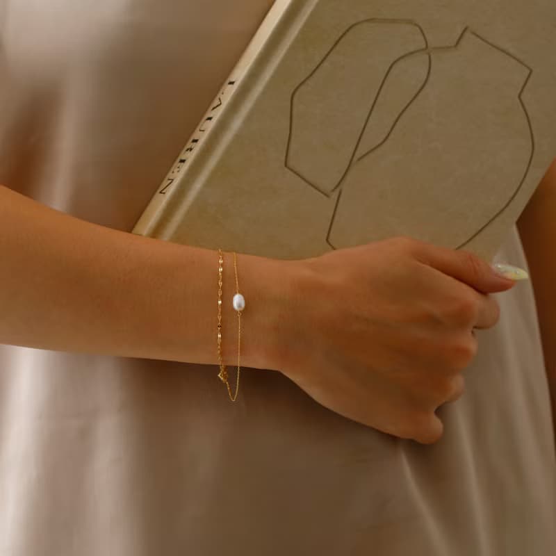 double chain+pearl magnet bracelet GD ニッケルフリーマグネットブレスレット　着脱簡単な淡水パールブレスレット　ゴールド