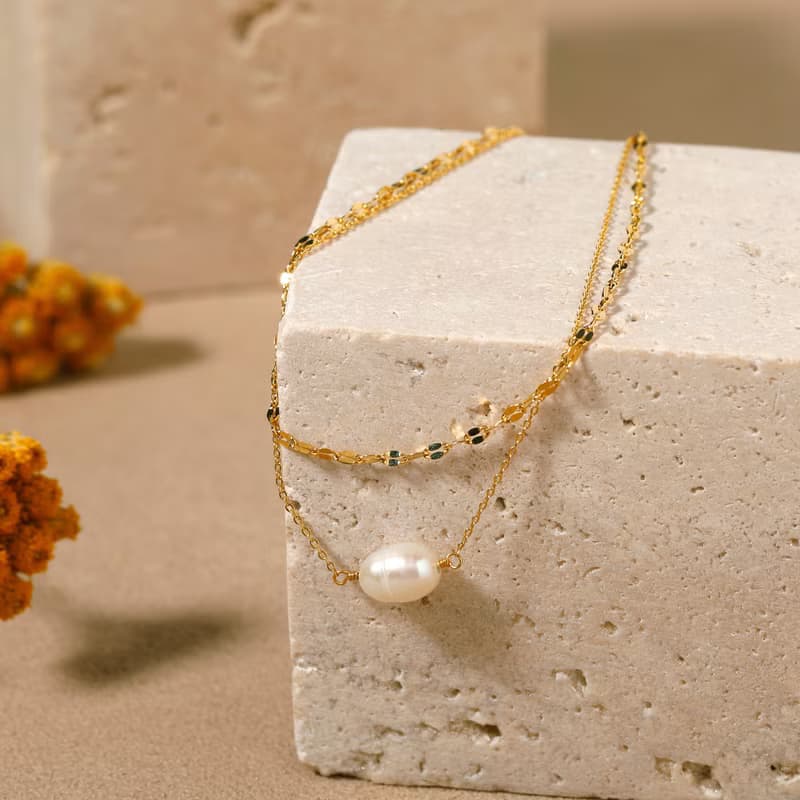 double chain+pearl magnet bracelet GD ニッケルフリーマグネットブレスレット　着脱簡単な淡水パールブレスレット　ゴールド