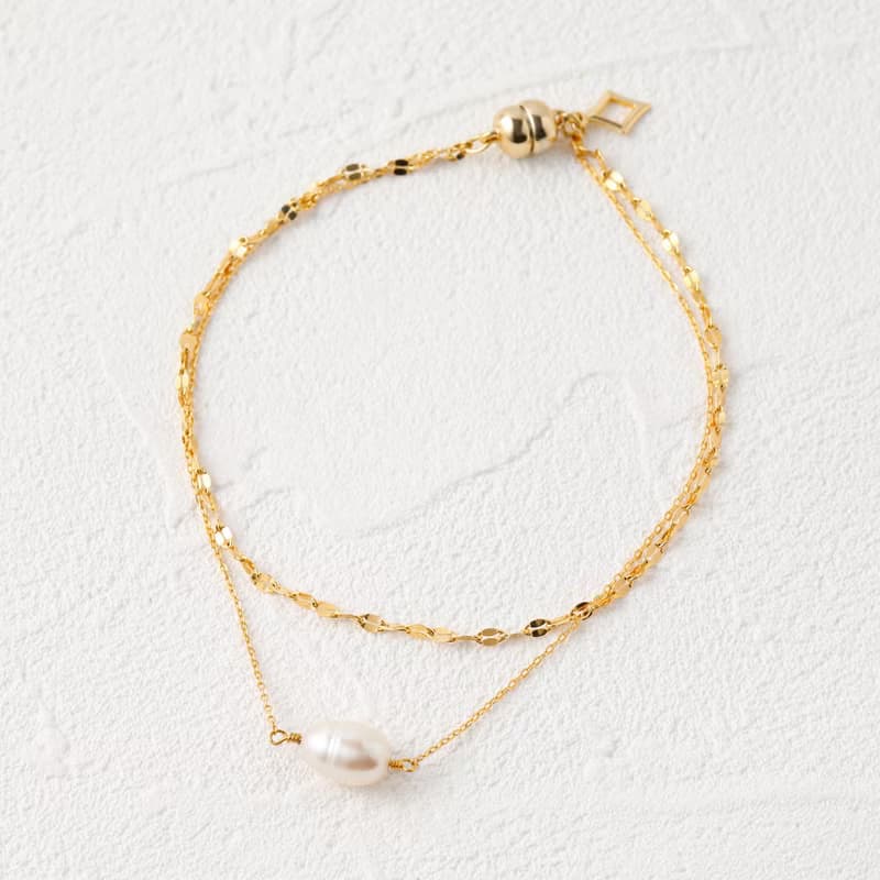 double chain+pearl magnet bracelet GD ニッケルフリーマグネットブレスレット　着脱簡単な淡水パールブレスレット　ゴールド