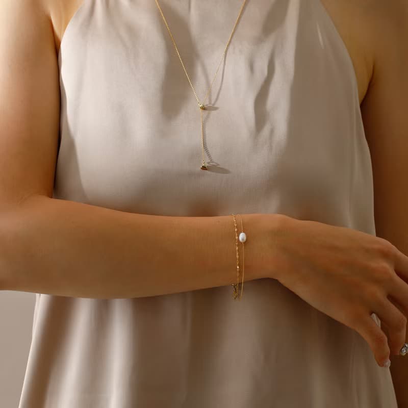 double chain+pearl magnet bracelet GD ニッケルフリーマグネットブレスレット　着脱簡単な淡水パールブレスレット　ゴールド