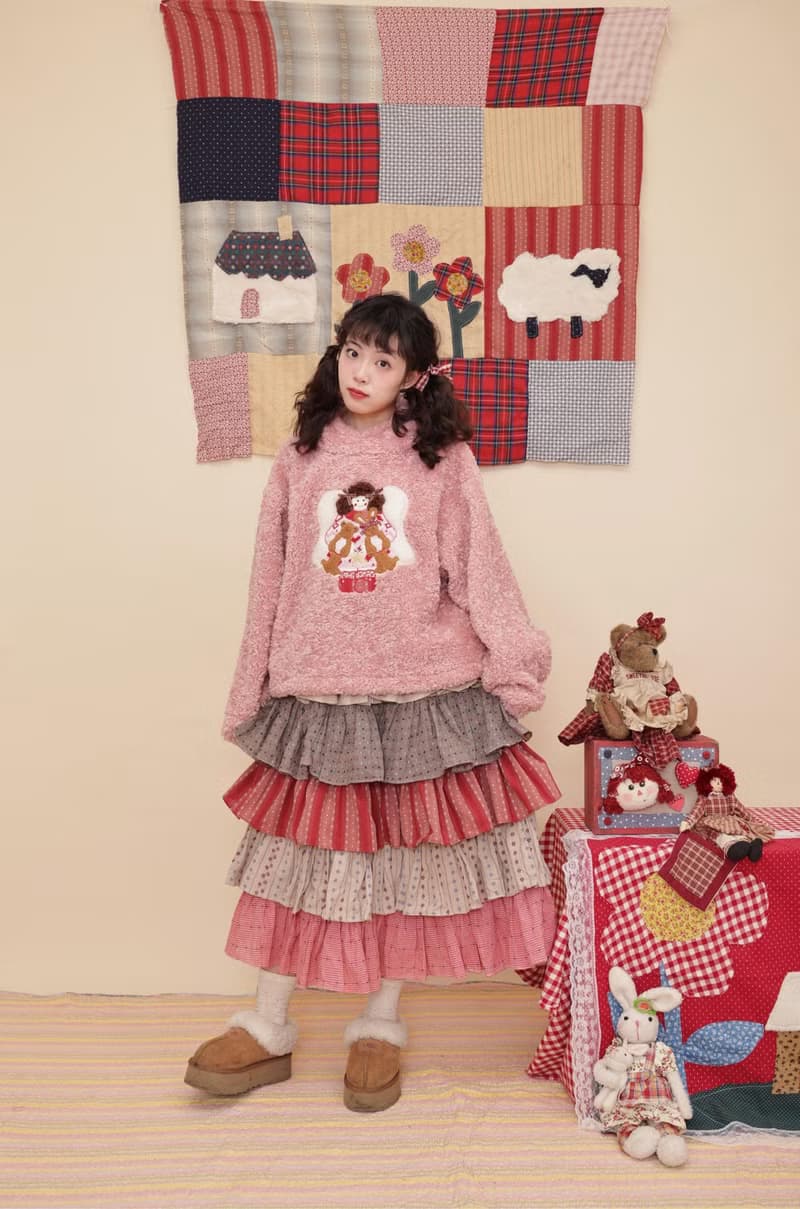 復古少女 毛絨女孩玩偶 貼布刺繡連帽上衣外套