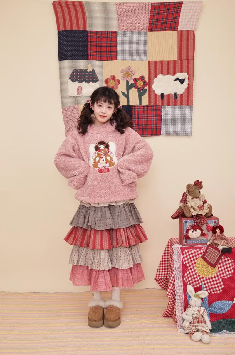 復古少女 毛絨女孩玩偶 貼布刺繡連帽上衣外套