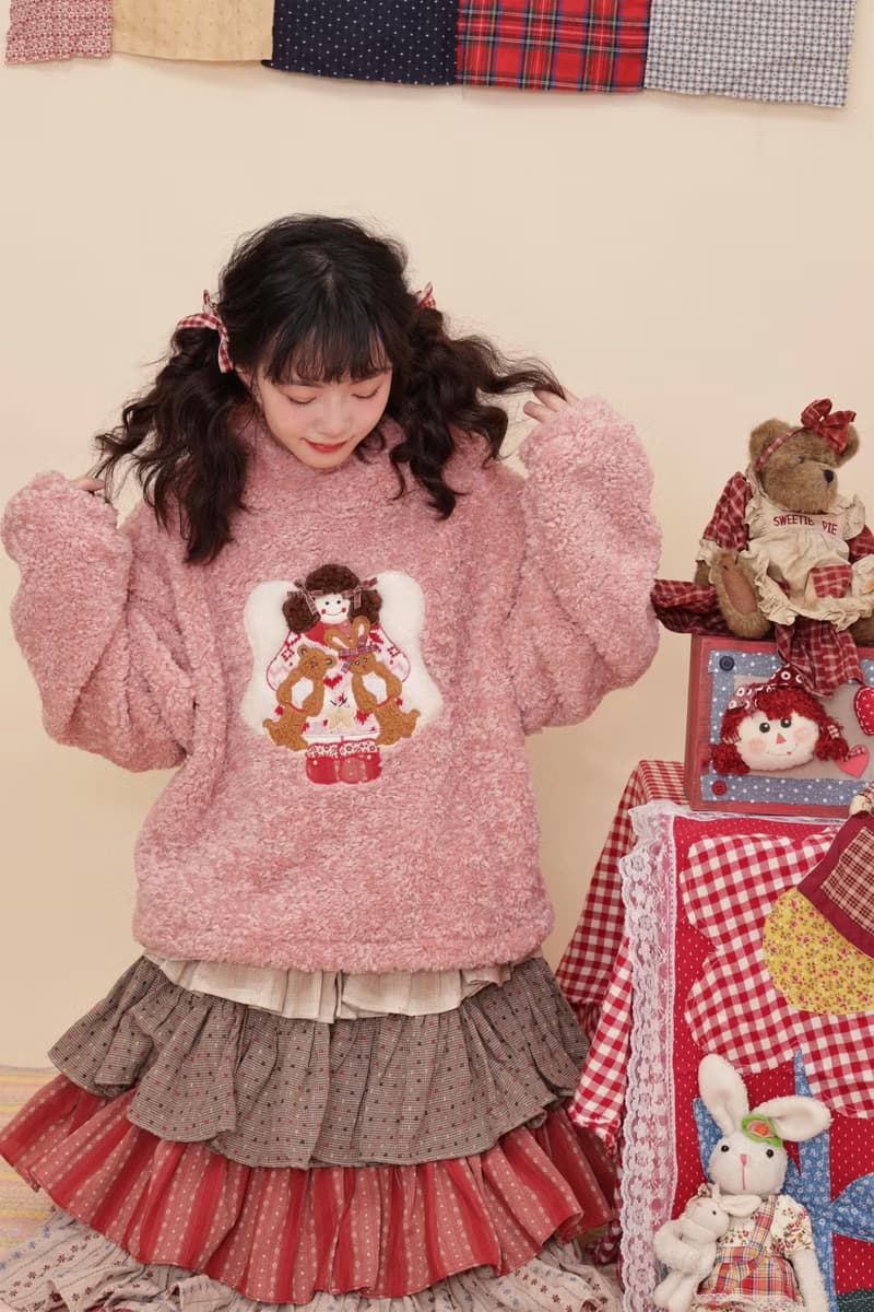 復古少女 毛絨女孩玩偶 貼布刺繡連帽上衣外套