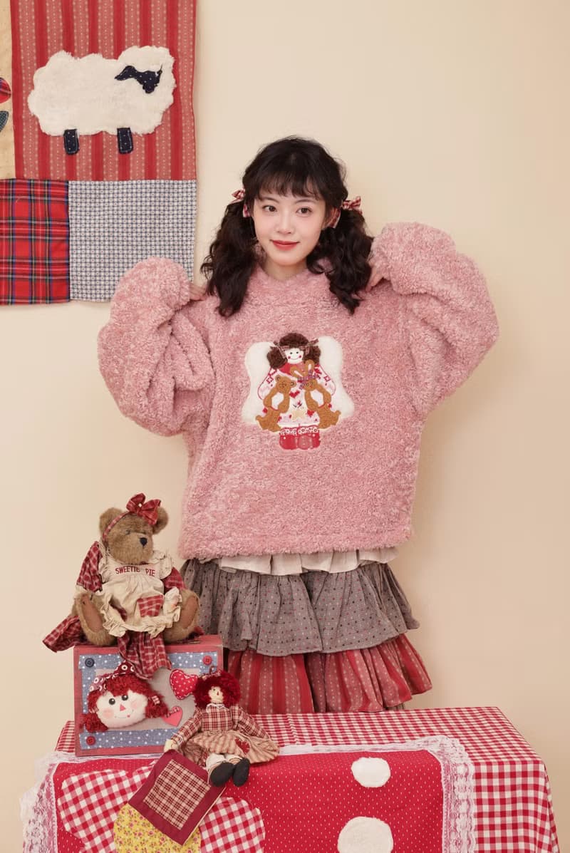 復古少女 毛絨女孩玩偶 貼布刺繡連帽上衣外套