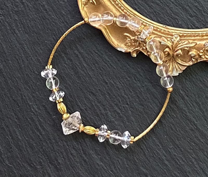 能量原石-雙尖彩虹光閃靈鑽高頻率原石//白水晶  黃銅手鍊