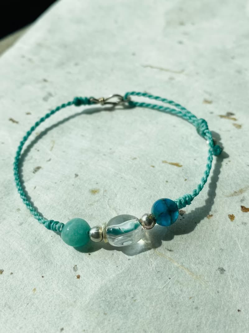 藍色大海 白水晶天河石藍磷灰純銀編織細手鍊