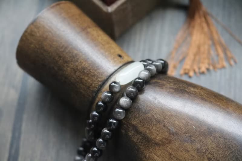 黑曜石銀曜石雙圈手串佛珠手鍊禮盒裝