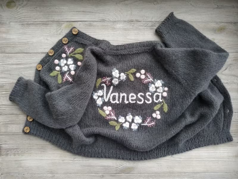 Flowers Adult Cardigan, hand knitted cardigan with embrodery
