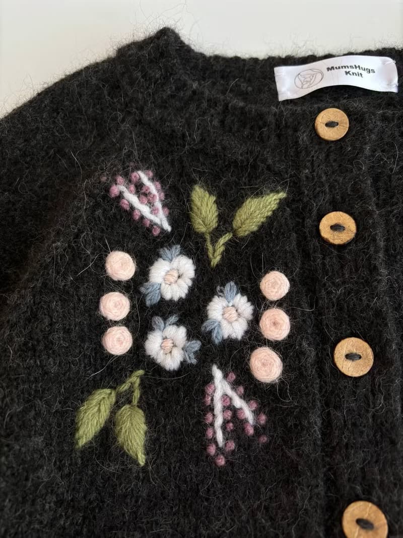 Flowers Adult Cardigan, hand knitted cardigan with embrodery