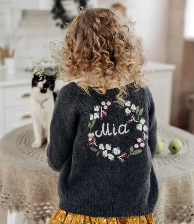 Flowers Adult Cardigan, hand knitted cardigan with embrodery
