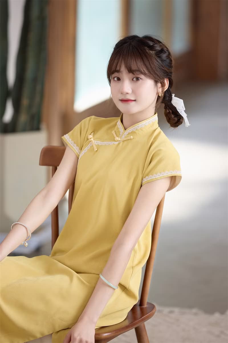 明黃色 撞色蕾絲古法無省少女旗袍 新中式中秋春節改良連身裙洋裝