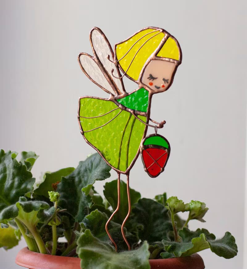 Flower fairy with berry. Stained Glass decoration for plants pots.The Suncatcher
