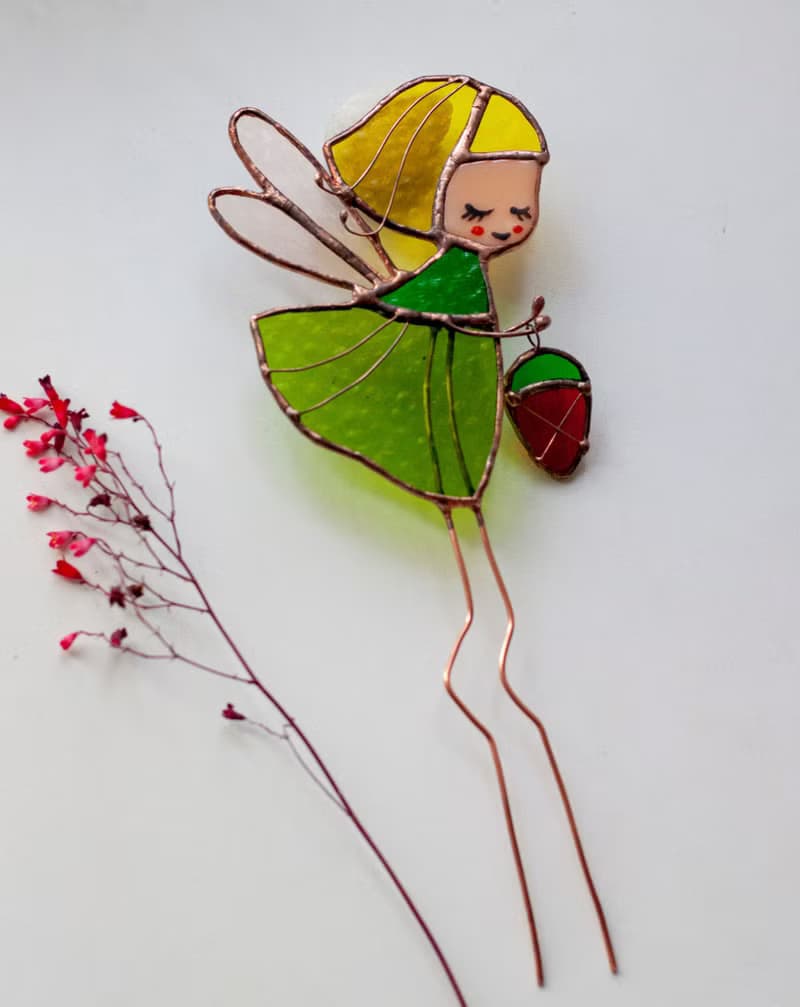 Flower fairy with berry. Stained Glass decoration for plants pots.The Suncatcher