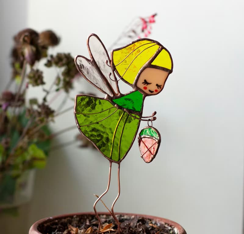 Flower fairy with berry. Stained Glass decoration for plants pots.The Suncatcher