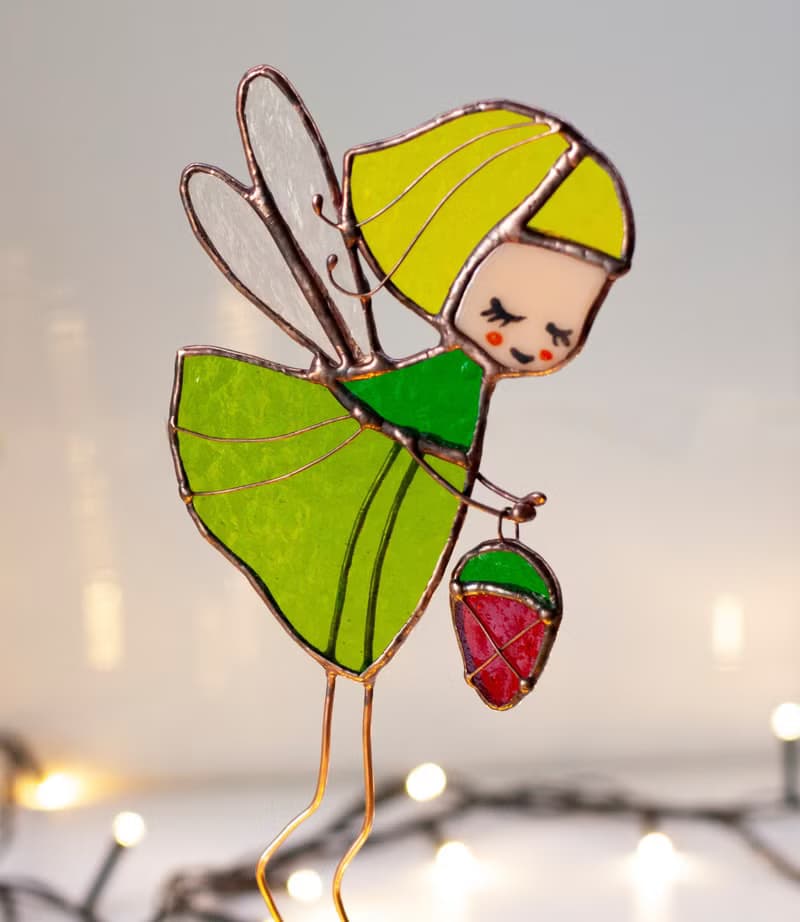 Flower fairy with berry. Stained Glass decoration for plants pots.The Suncatcher