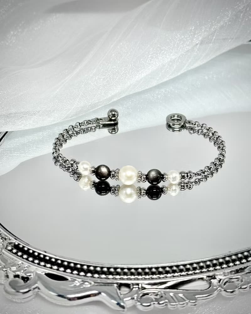 True Wish 捕夢網珍珠手鍊 - 醫療鋼配飾 / 淡水珍珠 / 銀曜石