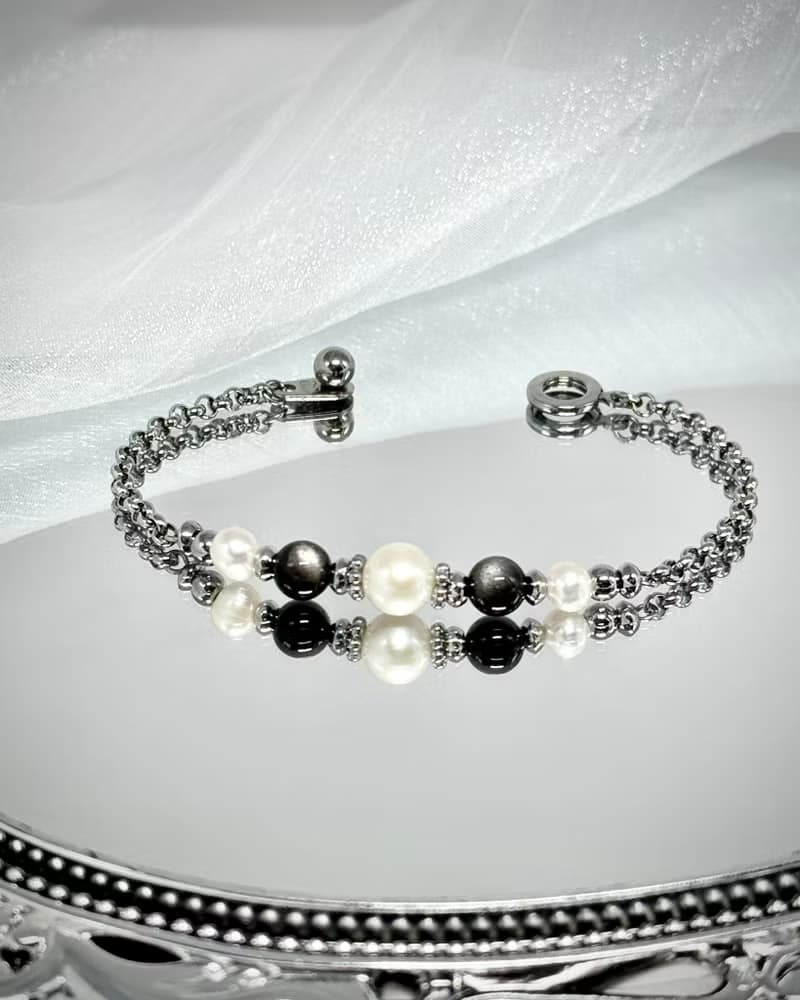 True Wish 捕夢網珍珠手鍊 - 醫療鋼配飾 / 淡水珍珠 / 銀曜石