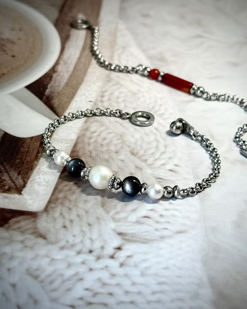 True Wish 捕夢網珍珠手鍊 - 醫療鋼配飾 / 淡水珍珠 / 銀曜石