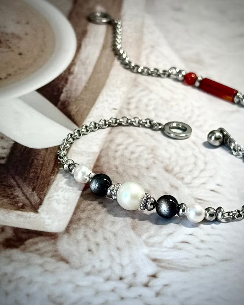 True Wish 捕夢網珍珠手鍊 - 醫療鋼配飾 / 淡水珍珠 / 銀曜石