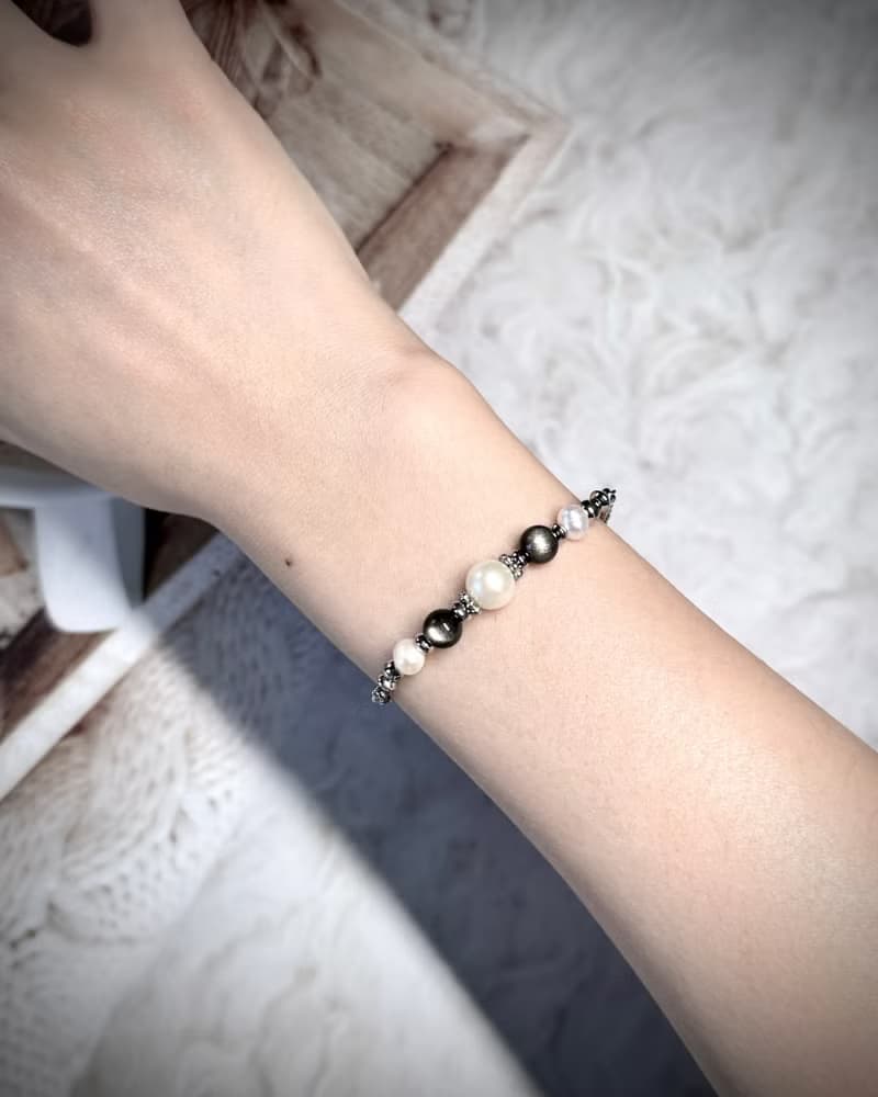 True Wish 捕夢網珍珠手鍊 - 醫療鋼配飾 / 淡水珍珠 / 銀曜石