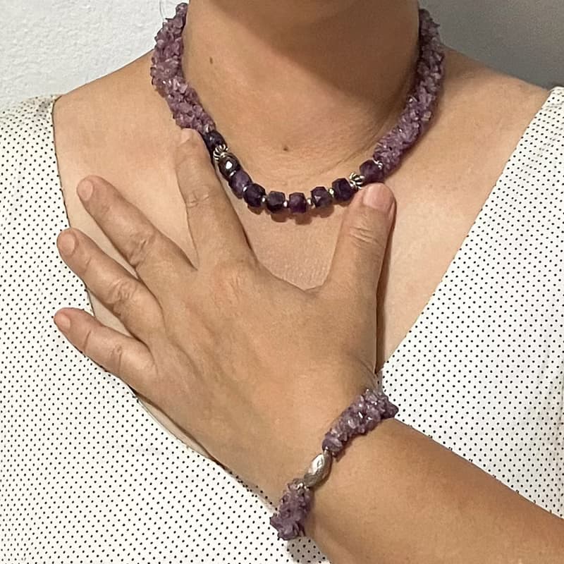 Amethyst and sliver necklace,Stylist healing gem Necklace, 療癒石項鍊