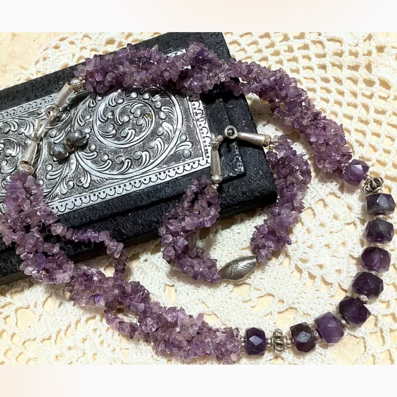 Amethyst and sliver necklace,Stylist healing gem Necklace, 療癒石項鍊
