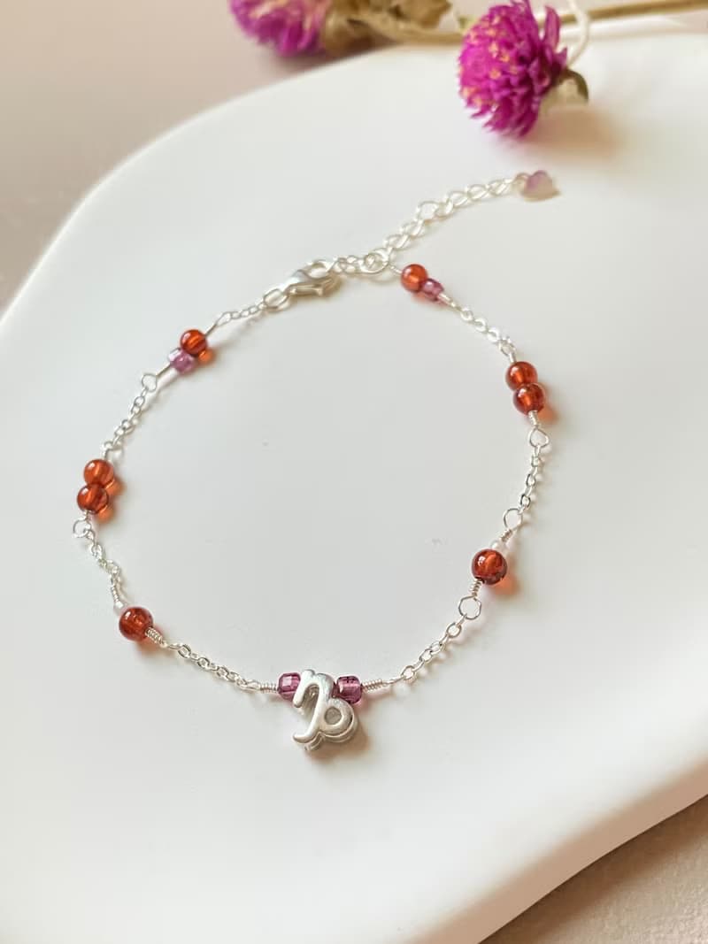 【Kimiko手作飾品】 一月誕生石系列 摩羯座橙石榴純銀手鍊