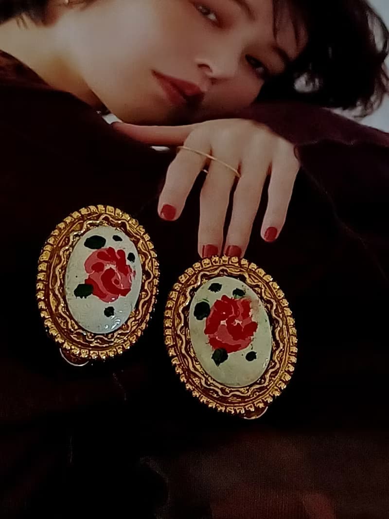vintage jewelry  ART 雕花琺瑯玫瑰 夾式耳環