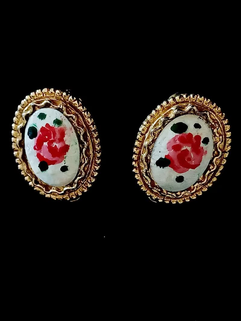 vintage jewelry  ART 雕花琺瑯玫瑰 夾式耳環