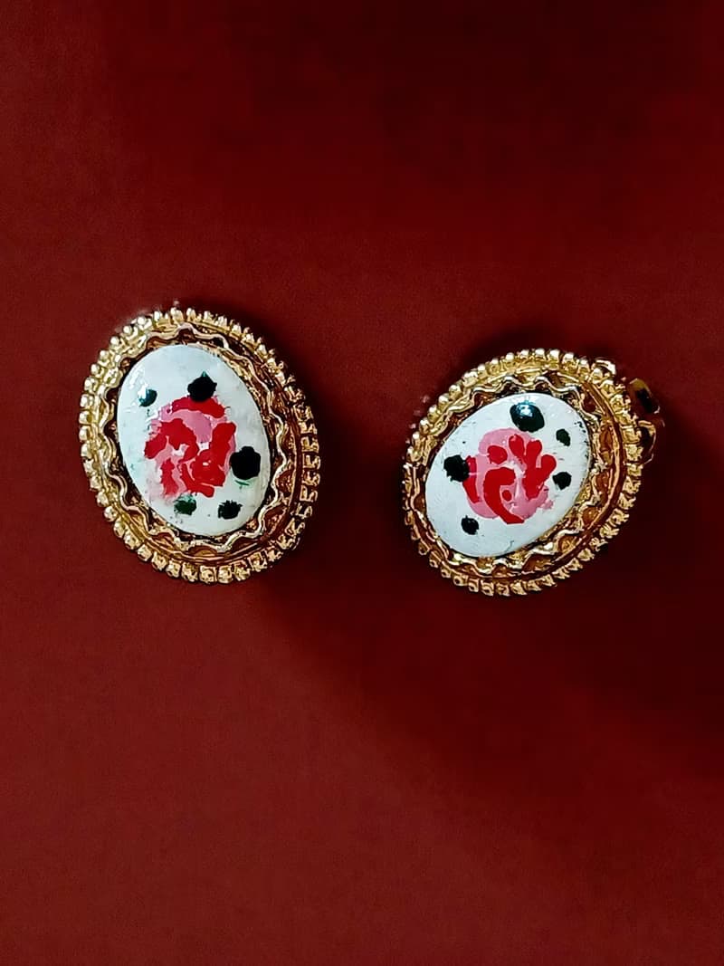 vintage jewelry  ART 雕花琺瑯玫瑰 夾式耳環