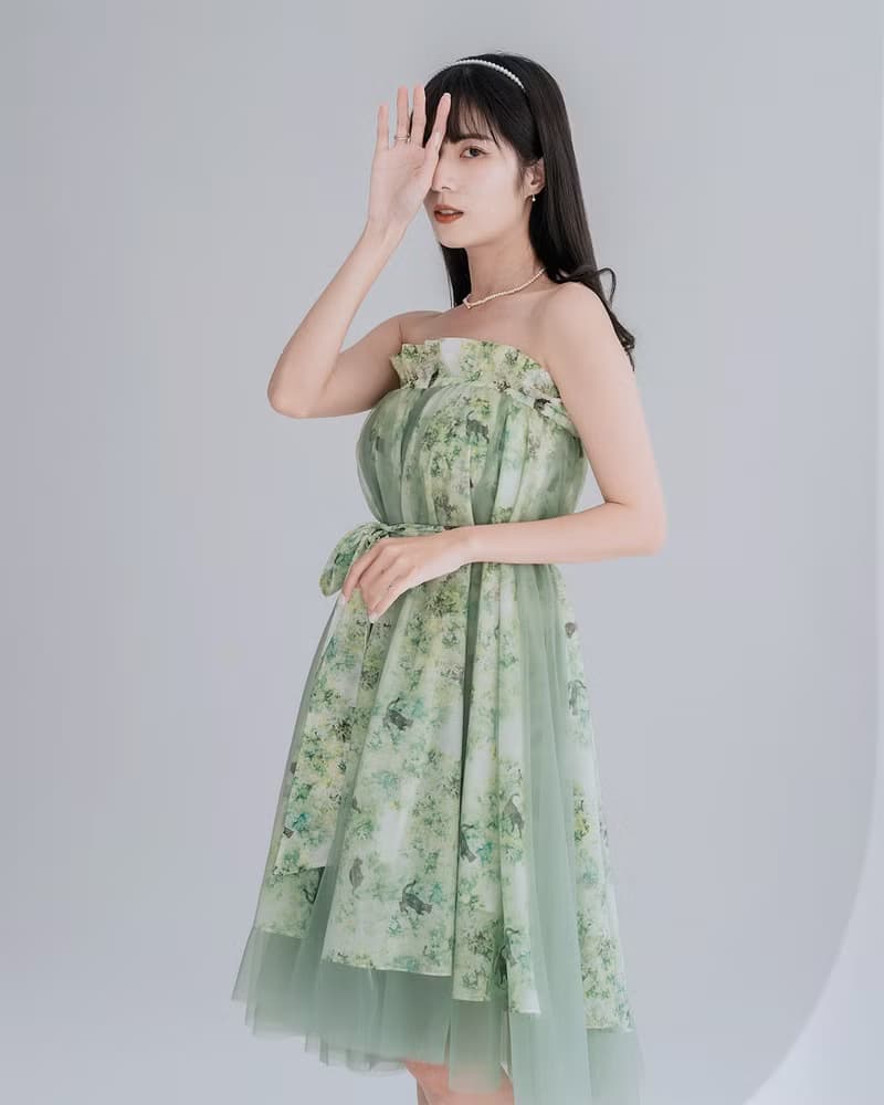 【波麗印花】平口小禮服 雙層印花瀑布紗裙 兩穿洋裝 琉璃紺