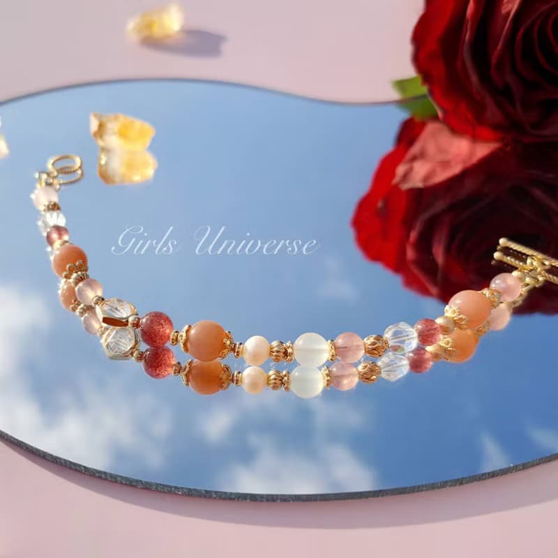 柑橘覆盆子泡泡。太陽石 草莓晶 淡水珍珠 14K包金 水晶礦石手鍊