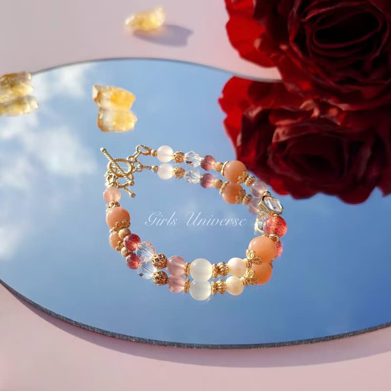 柑橘覆盆子泡泡。太陽石 草莓晶 淡水珍珠 14K包金 水晶礦石手鍊