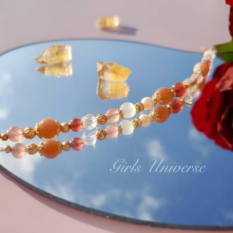 柑橘覆盆子泡泡。太陽石 草莓晶 淡水珍珠 14K包金 水晶礦石手鍊